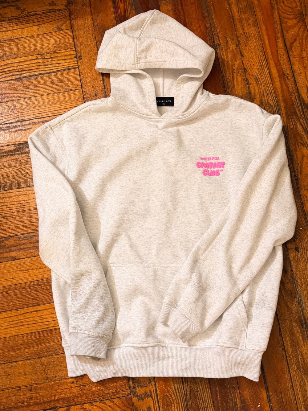 White Fox Boutique Cream Crewneck Hoodie with Pink Chest Graphic